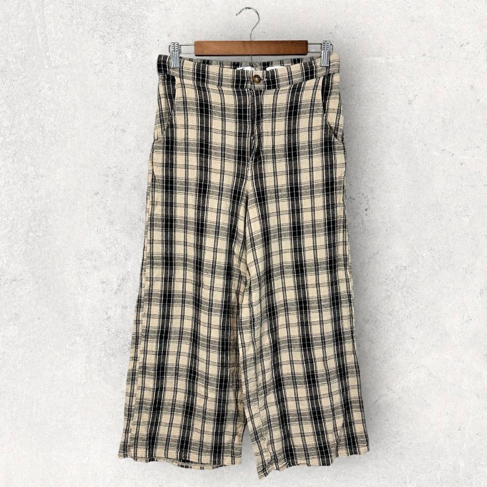 Hollister Ultra High Rise Pants Tan Brown Plaid Cropped Wide Leg Size M